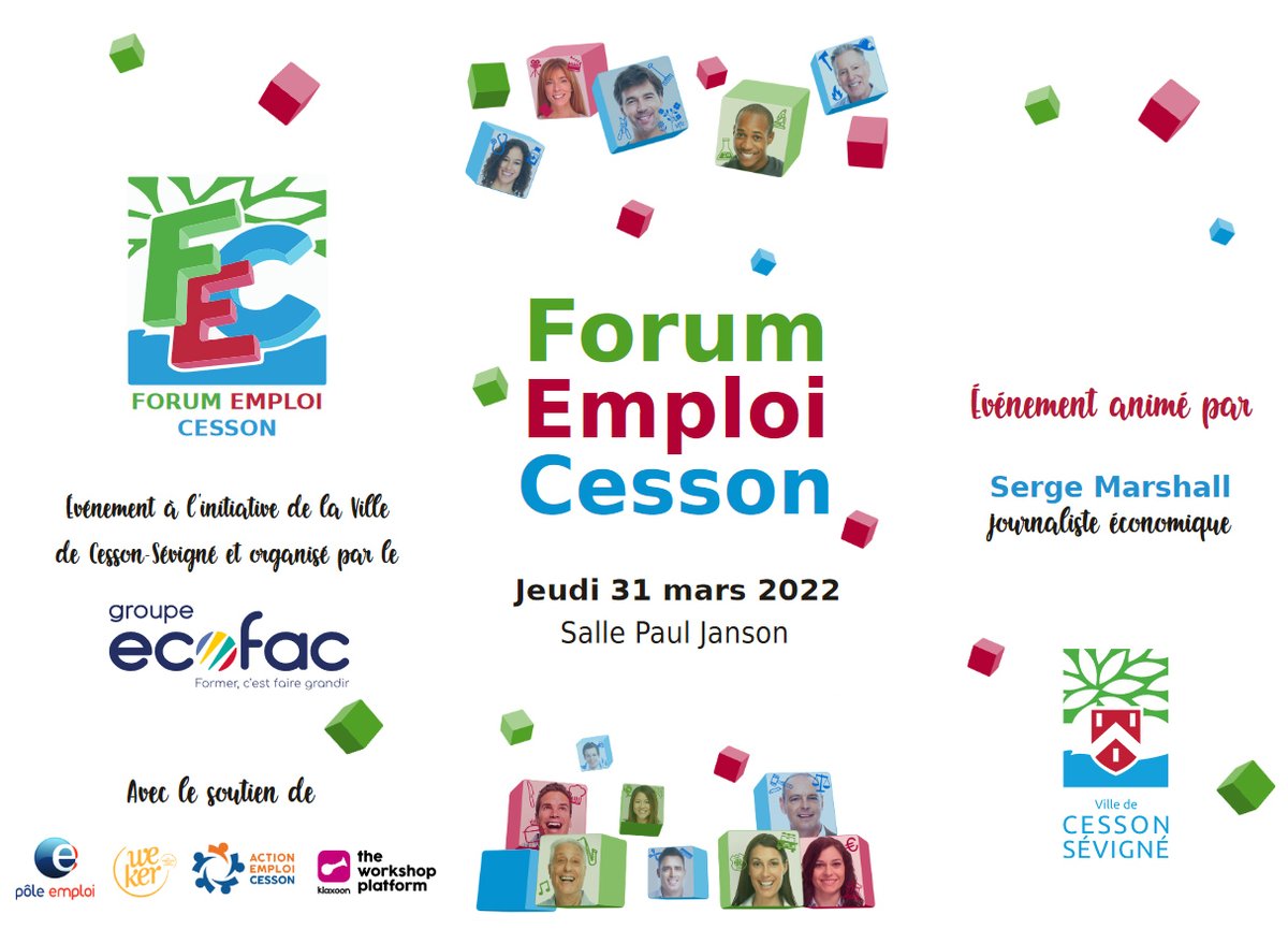 cessonsevigne's tweet photo. Vous recherchez un emploi, une formation ?
✅ RDV jeudi 31 mars, de 9h à 17h, salle Paul Janson.
✅ Près de 500 offres d’emploi (CDI, CDD, intérim, alternance) seront à pourvoir au Forum Emploi Cesson.
✅ Téléchargez le plan de la salle ici : https://t.co/8uXI8O0OEg #rennes https://t.co/nPsYSiveXS