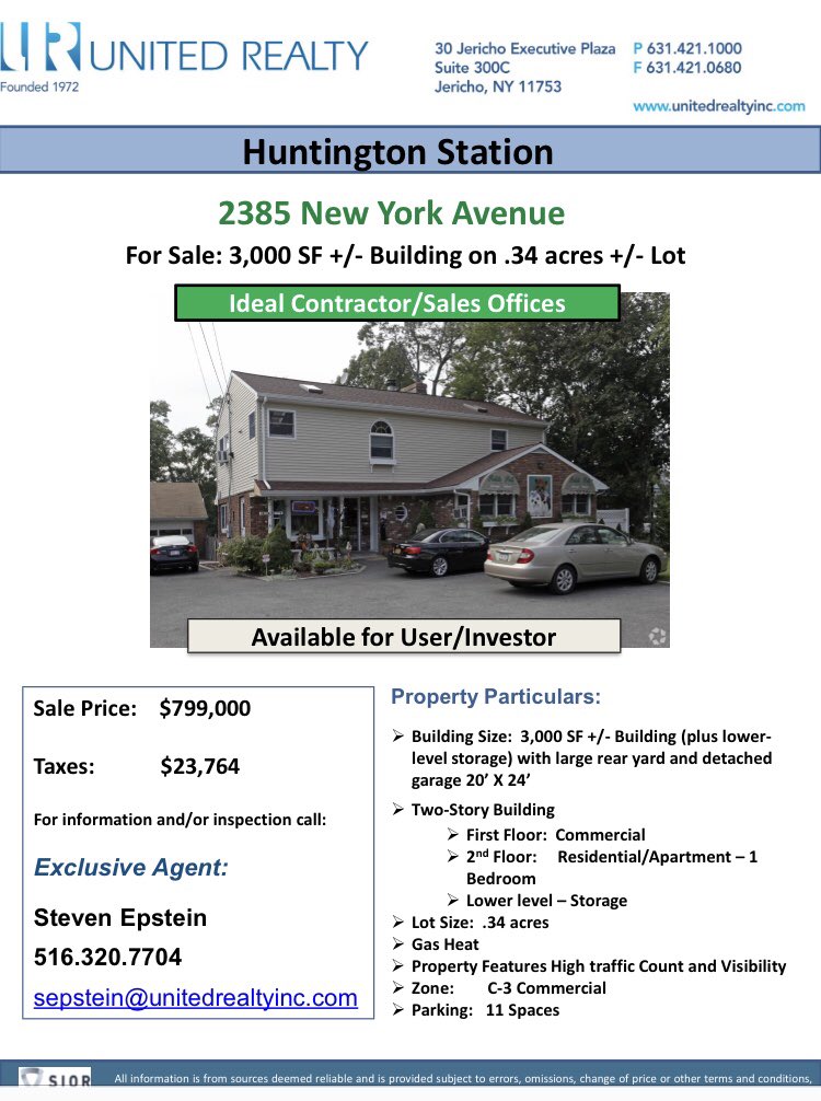 stevenepsrealty's tweet photo. #ForSaleHuntingtonStation2385NewYorkAve
3,000 SF Building on .34 Acres Lot #ZonedCommercial #FirstTimeOffered 
#IdealContractorSalesOffice #StevenEpstein 516-524-1353 https://t.co/yqdw7uSOCZ