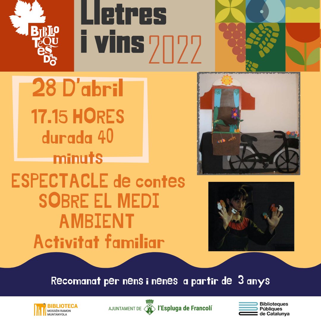 ESPECTACLE DE CONTES sobre el medi ambient per a infants amb La companyia Daina Teatre.
biblioteca.esplugadefrancoli.cat
Reserva al telf. 977871432
#bibliotequescat #bibliotequesdo #viticultura @activitatsfamiliars @quefemalesbiblios <a href="/ambnens/">ambnens</a>