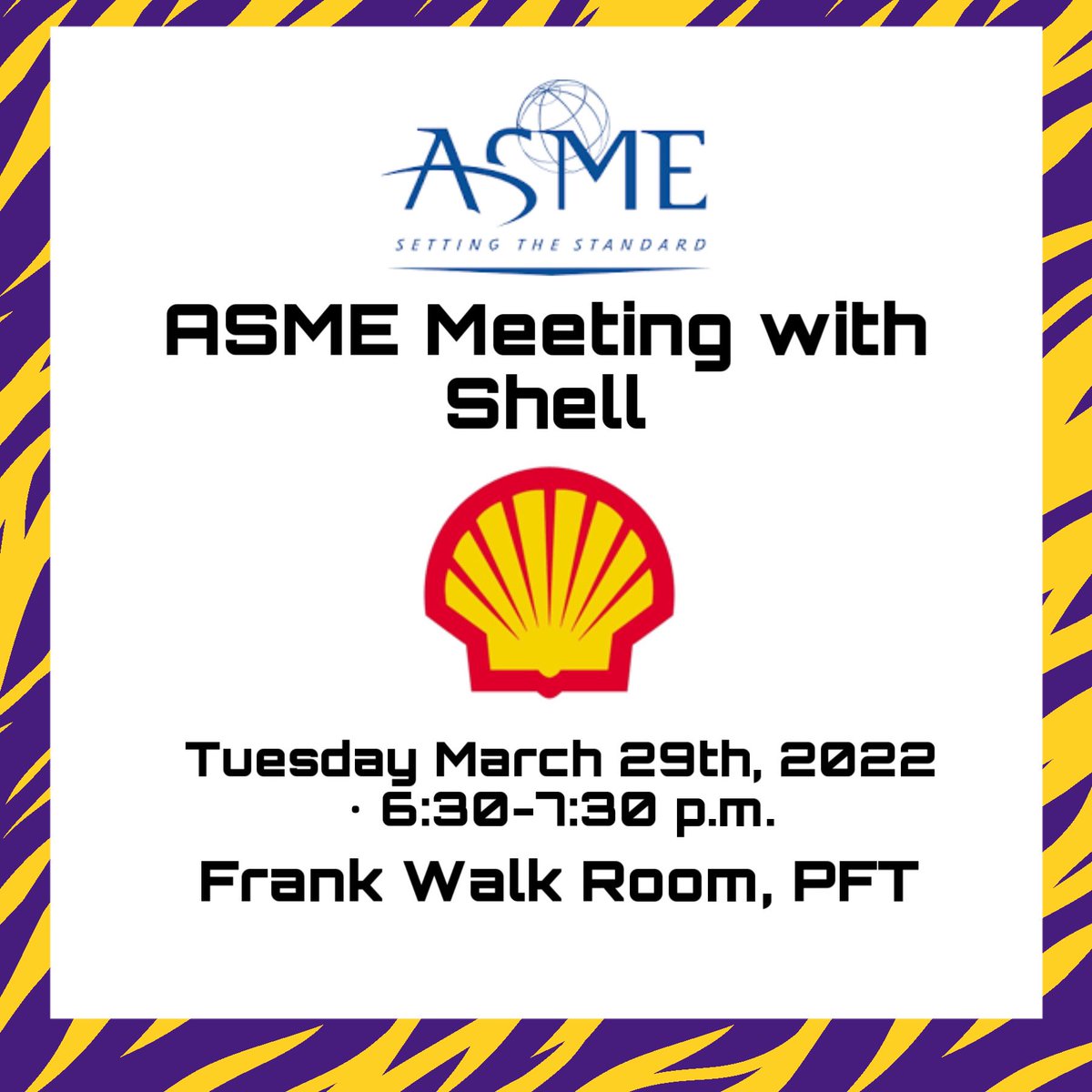ASME will be having a meeting tonight with Shell at 6:30 p.m. in the Frank Walk Room. Food will be provided! See y’all there!