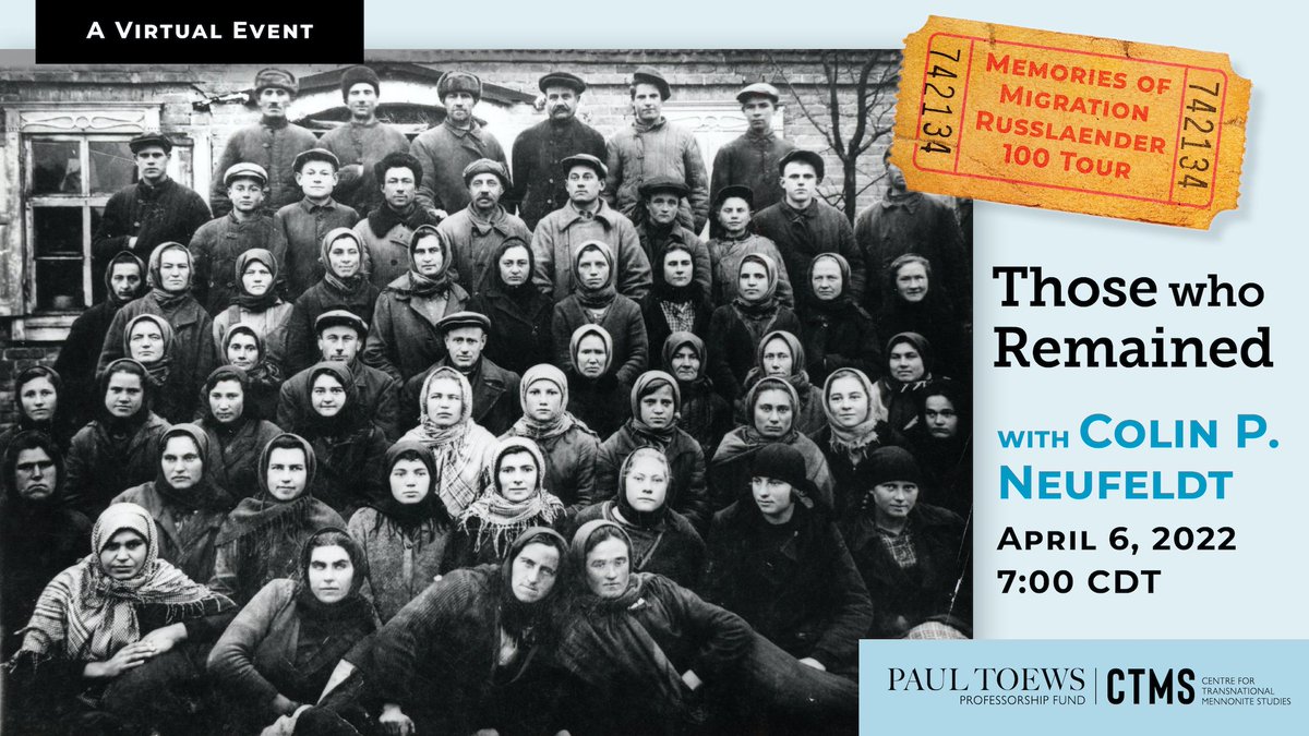 Next week Colin P. Neufeldt will explore the history of Mennonites in Ukraine who experienced the USSR's campaigns of forced collectivization and dekulakization of the 1920s and early 1930s, as victims but also as agents of the state. Register to attend at ctms.uwinnipeg.ca/events/those-w…