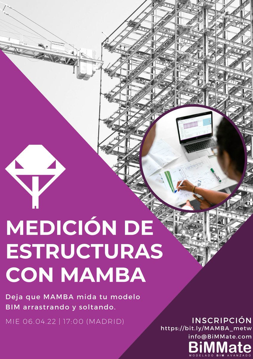 Si estás harto de perder tiempo midiendo y presupuestando tus estructuras, no te pierdas el próximo seminario web de MAMBA en el que te mostraremos cómo medir el modelo BIM de tu estructura en menos de 30 minutos.

📅 06.04.22
⏰ 17:00 (Madrid)
🖥 my.mtr.cool/kvciuorkgg