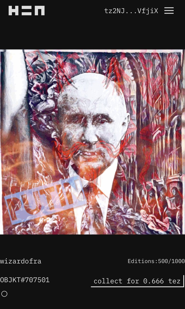 Wizardofra's tweet photo. New drop to my series “Vlad Putin”
Come check it out and express yourself in comments. Be sure to add this piece to your NFT collection.
#nft #nftcommunity #nftart #nftpolitics #nftbuyers #nftcollectors #nftflippers #nftworld #nftfamous
https://t.co/Z69qIJTnWq https://t.co/VLjuCK04ZE