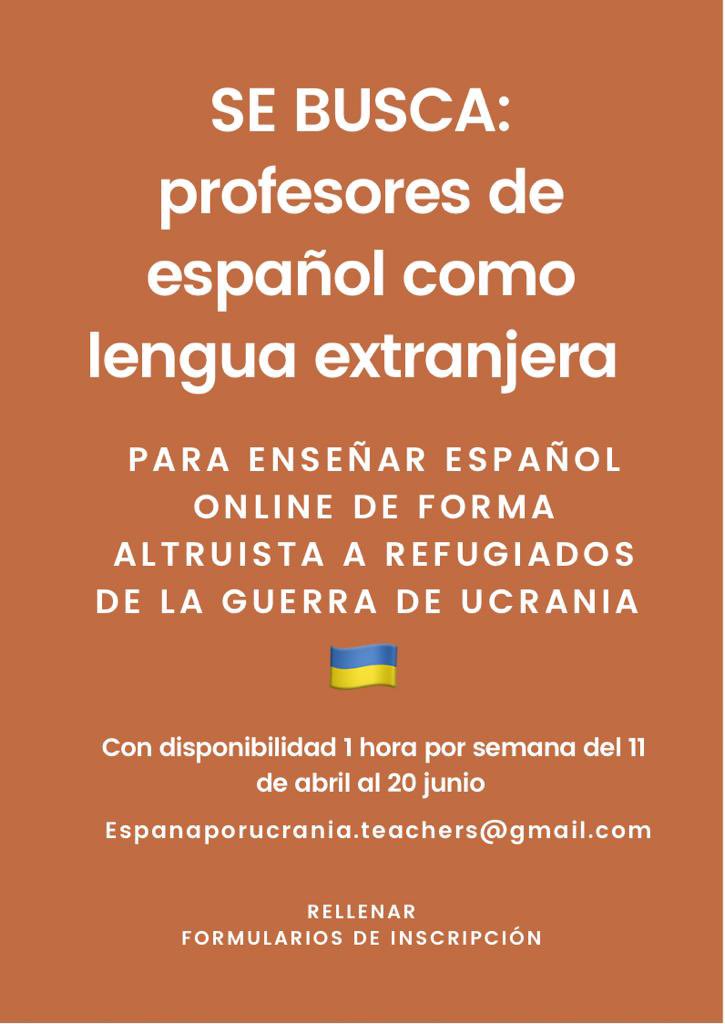 olvidoandujar's tweet photo. Docentes de #ELE de mi TL, se va a dar clase online de ELE a refugiadxs ucranianxs. Mañana cierran grupos y necesitan profes con experiencia en ELE. ¿Te animas? Sería una hora de clase semanal 🙏
Si te animas, rellena esto:
1) https://t.co/LmB10lwf0s
2) https://t.co/1d2TlFcVZc https://t.co/PWyyNlPwiy