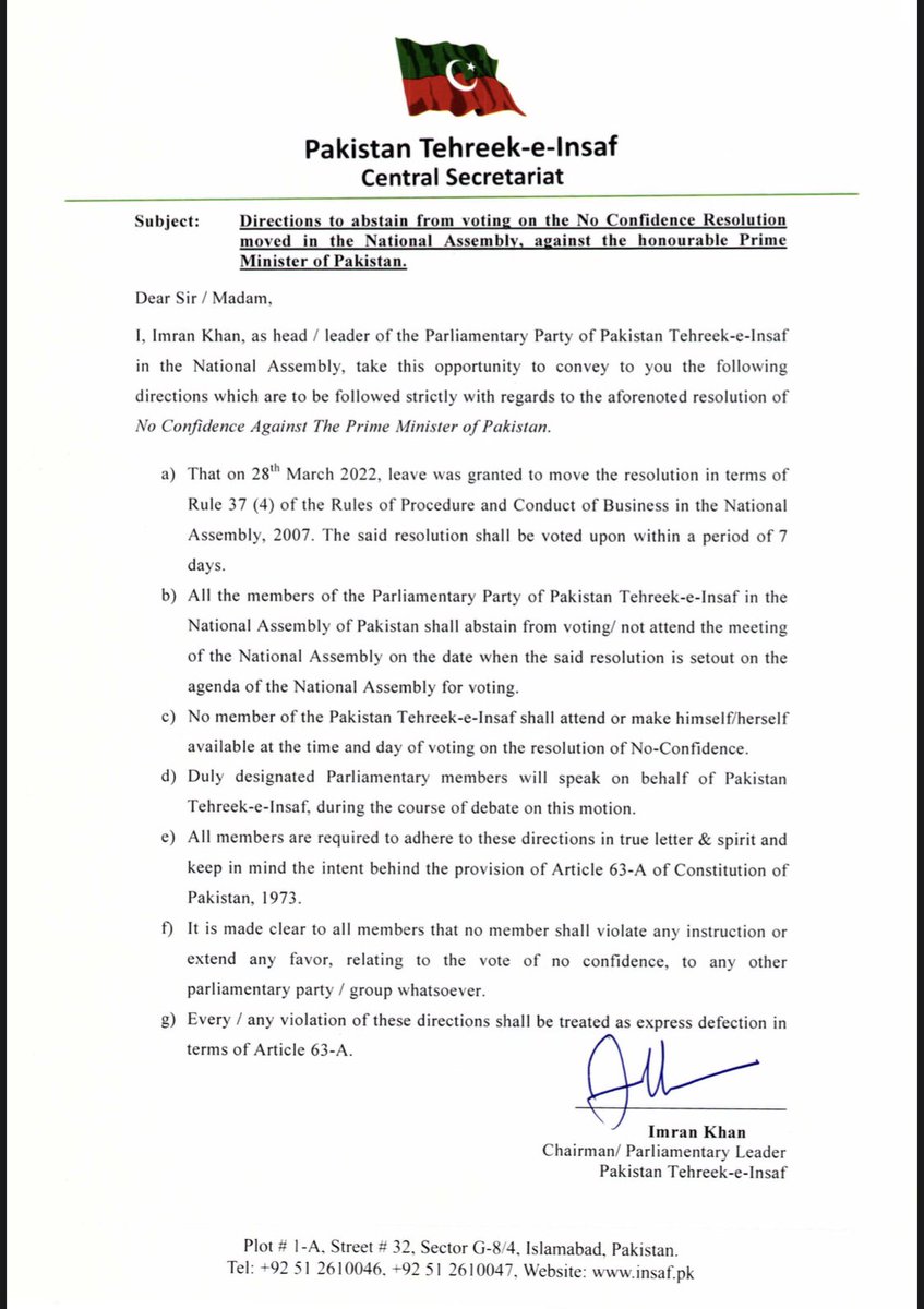 shahbazzahid's tweet photo. All #PTI MNAs shall abstain from voting/not attend the NA session on No Confidence voting day. Any violation shall be treated as express defection — Imran Khan. https://t.co/MVQ9NthDD6