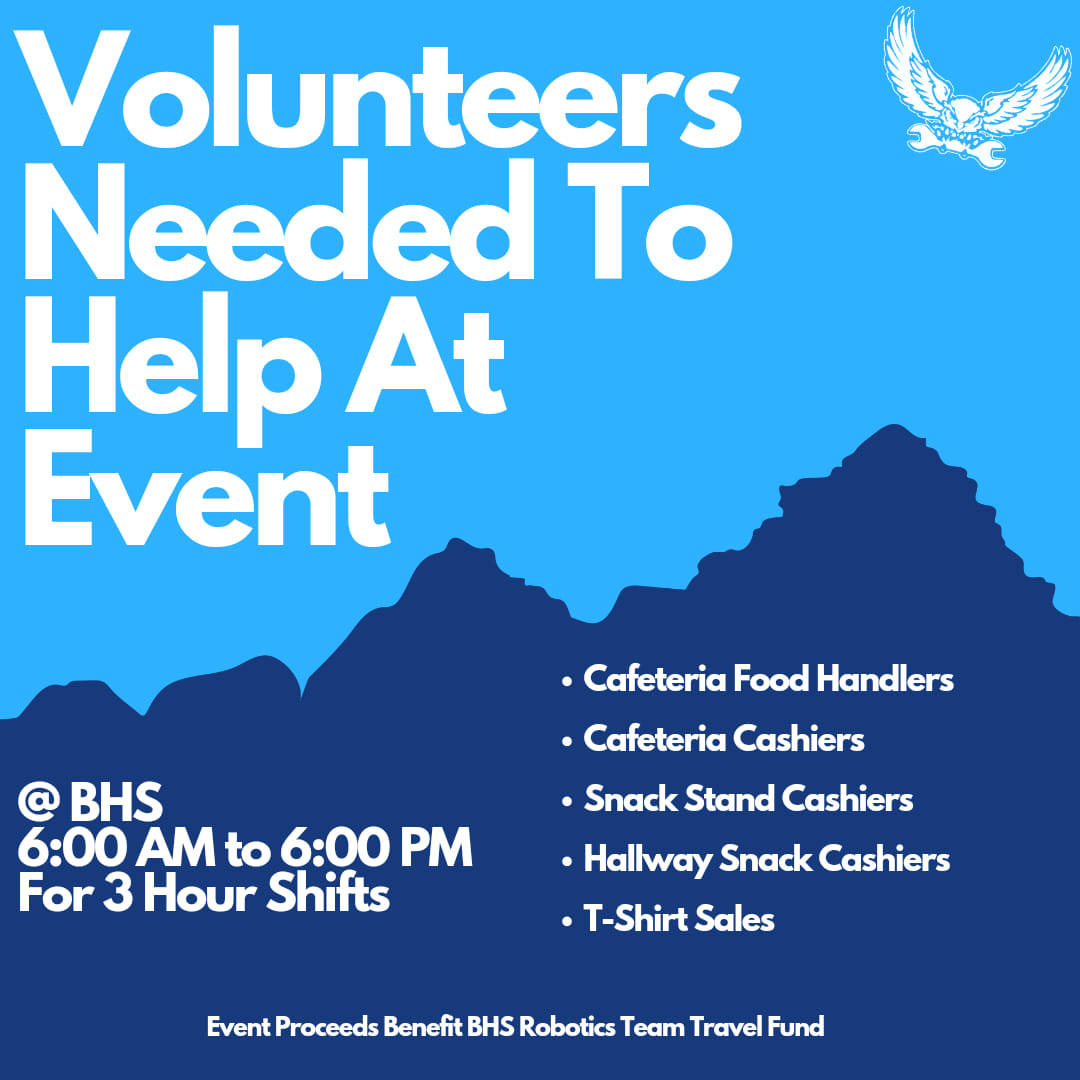 The BHS Robotics Team is hosting a Mid-Atlantic Regional Competition next weekend and need volunteers. If you are interested in helping, please sign up at: signupgenius.com/go/60b0e44aba9…