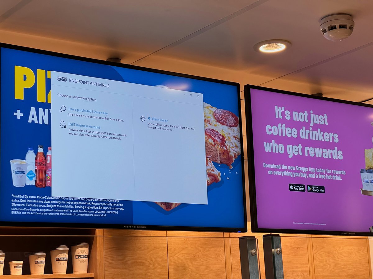 gmillard's tweet photo. At a Greggs for lunch:

"Could I have a sausage roll, coffee and whatever that new ESET thing is on the menu please" #infosec https://t.co/5loeFtmSR6