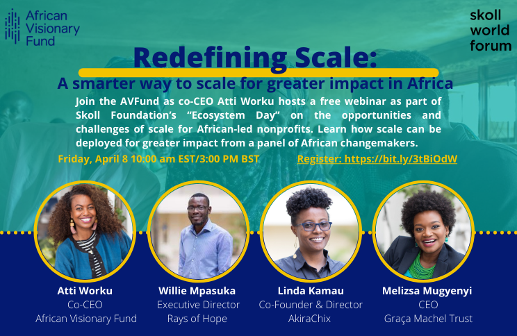 African_Collab's tweet photo. Join the AVFund’s Atti Worku on 4/8 for a conversation on scale’s opportunities and challenges. Learn how scale can be deployed for greater impact from a panel of African changemakers on #EcosystemDay @SkollWF. Register: https://t.co/tsxoVuHUnq
#faceforward #systemschange https://t.co/aEXbkymZyn