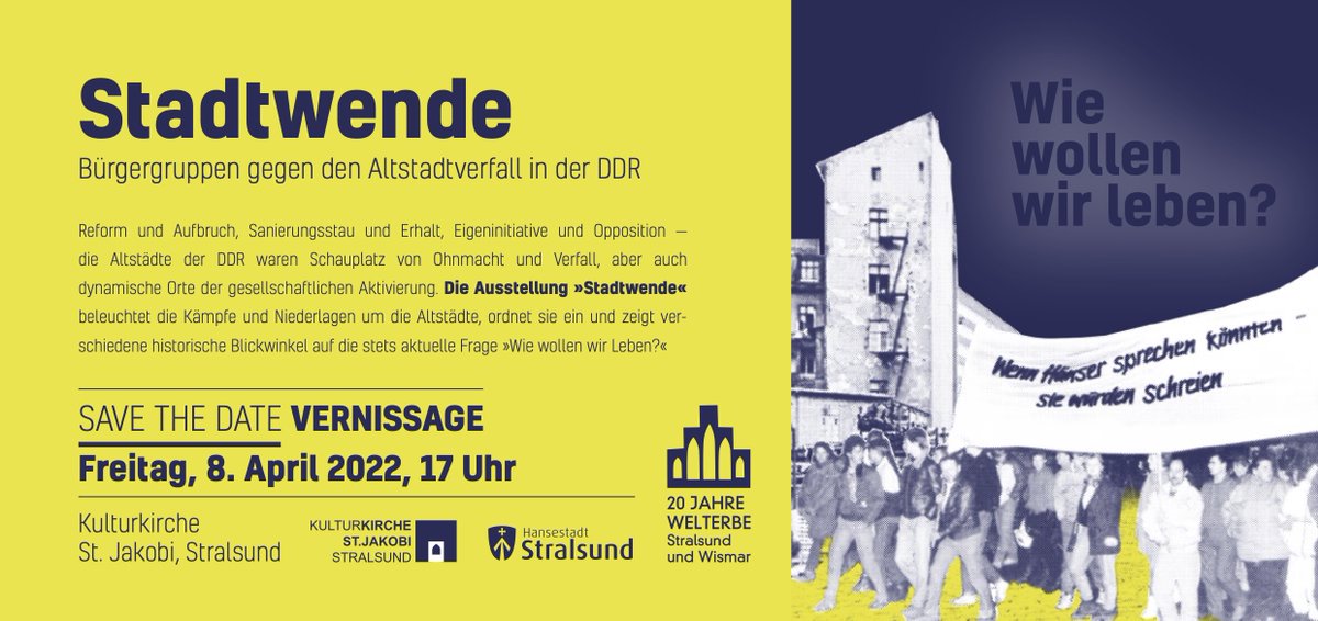 Die #Stadtwende - Wanderausstellung startet am 08.April 2022 in #Stralsund in der Kulturkirche St. Jakobi um 17 Uhr. Wir bitten um Anmeldung. Alle Infos hier -> stadtwende.de/veranstaltunge… @IRSErkner @bauhaus_uni @uni_kl #unikassel @BMBF_Bund