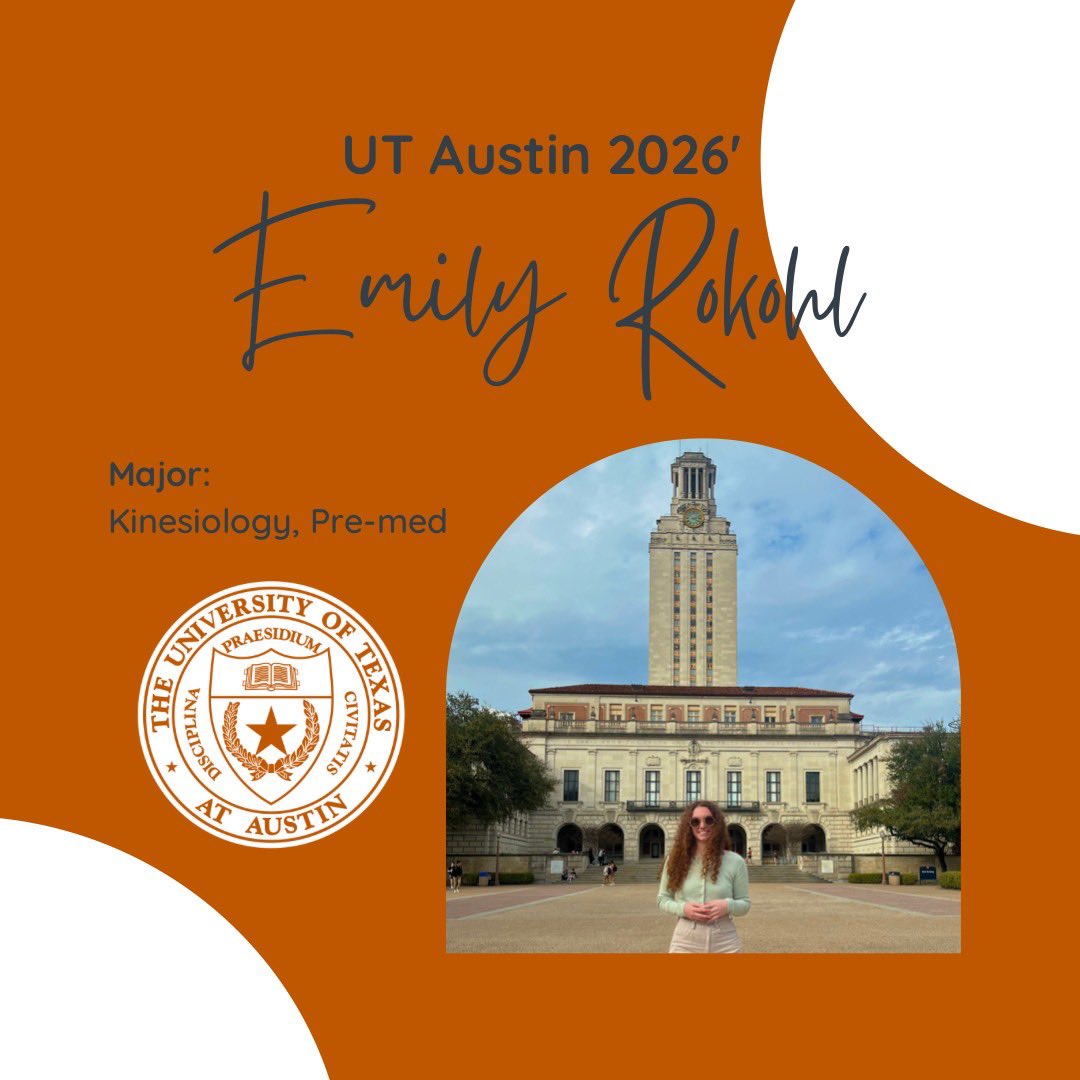 Congratulations Emily! She will be attending The University of Texas at Austin in Fall 2022, majoring in Kinesiology on the pre-med track. We are so proud of you! Hook 'em! 🧡🤘