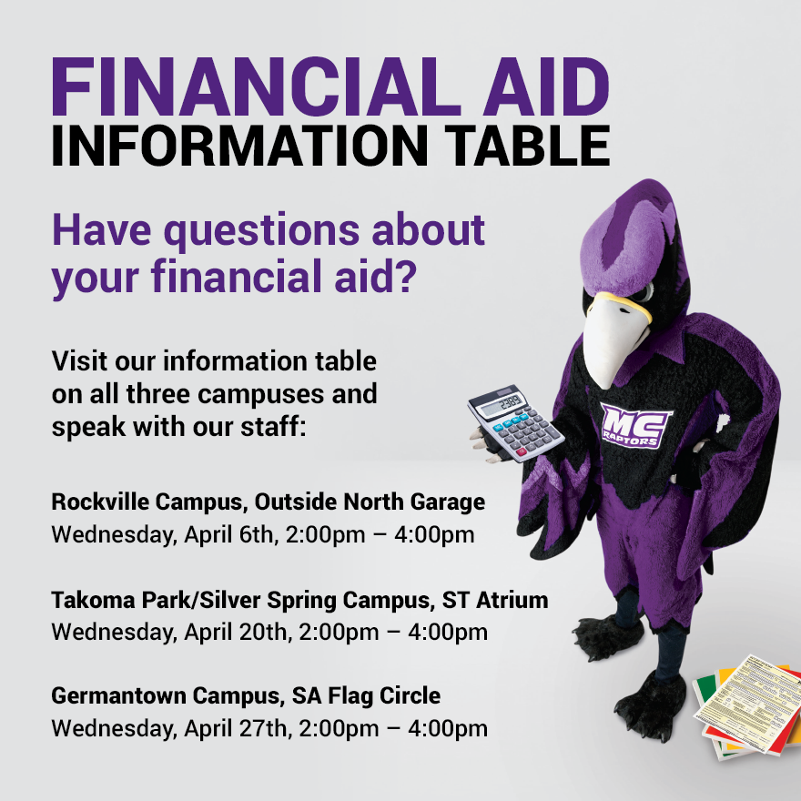 FinancialAidMC's tweet photo. Do you have questions about #FinancialAid?
In #APRIL we will be around campus with our #InfoTable to answer your financial aid questions.
No appointment necessary.
Just pull up and talk to us.
April 6 @ #Rockville
April 20 @ #TakomaPark #SilverSpring
April 27 @ #Germantown https://t.co/QArEVvCHv2