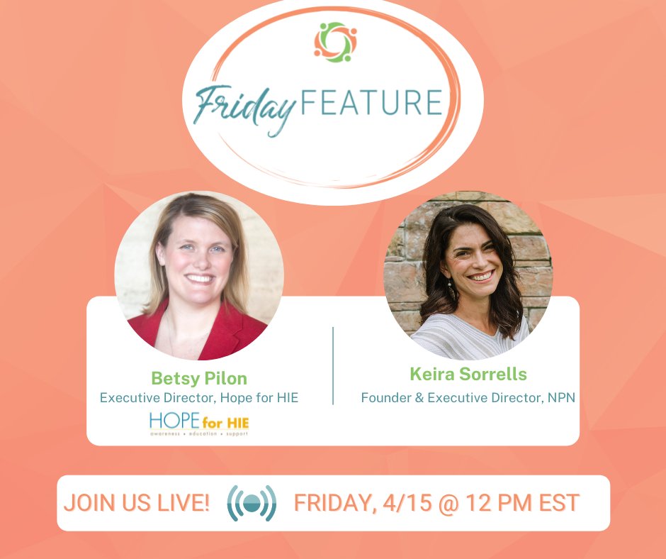 NICUParentNet's tweet photo. Join us for a Friday Feature Instagram LIVE with Betsy Pilon of @HopeforHIE! We'll see you on Instagram Friday 4/15 at 12 pm EST. 🧡💚
#HIEAwarenessMonth #HIEAwareness #NICUParentLeaders #NICUParentProfessionals #NPNFridayFeature #NPNSupportOrganizationMembers https://t.co/fA1YnRAZiw