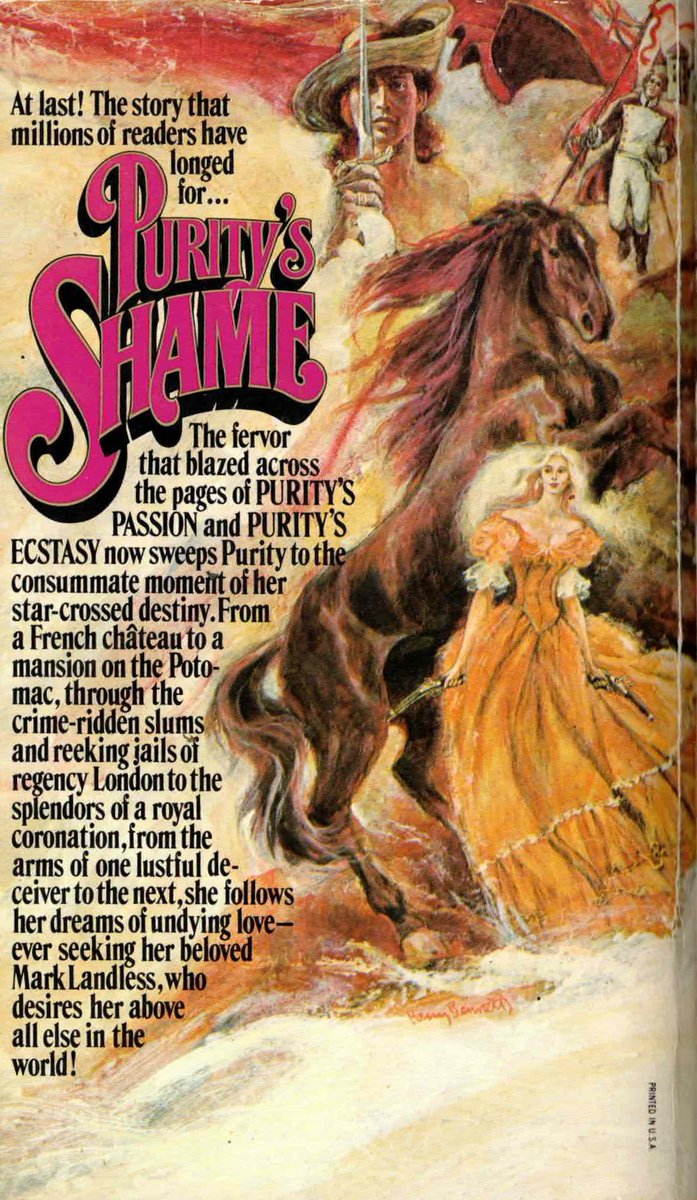 Azsumtuk_eth's tweet photo. #booktwt #BookTwitter 3/30/2022 In honor of https://t.co/BqBHwmLNAy's 1 yr birthday, today's #book is a true &amp; tawdry #bodiceripper  1978's "Purity's Shame" by Janette Seymour (aka Michael Butterworth). The Purity series sold millions. The cover is a wraparound by #HarryBennett. https://t.co/xiMYTy7vYR