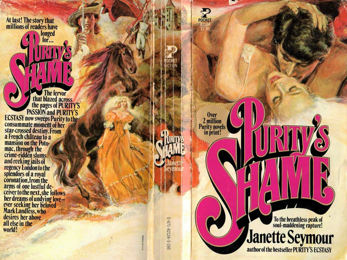 Azsumtuk_eth's tweet photo. #booktwt #BookTwitter 3/30/2022 In honor of https://t.co/BqBHwmLNAy's 1 yr birthday, today's #book is a true &amp; tawdry #bodiceripper  1978's "Purity's Shame" by Janette Seymour (aka Michael Butterworth). The Purity series sold millions. The cover is a wraparound by #HarryBennett. https://t.co/xiMYTy7vYR