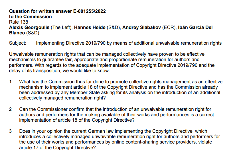 aepoartis's tweet photo. 🇪🇺🏆And the prize for most interesting Parliamentary question of the year goes to @AlexisMep @HannesHeide @AndreySlabakov and @Ibangarciadb.
Hope we don’t have to wait too long for @ThierryBreton 's answer.
#fairinternet #collectivemanagement #payperformers #article18 #CDSM https://t.co/4zsYPvgett