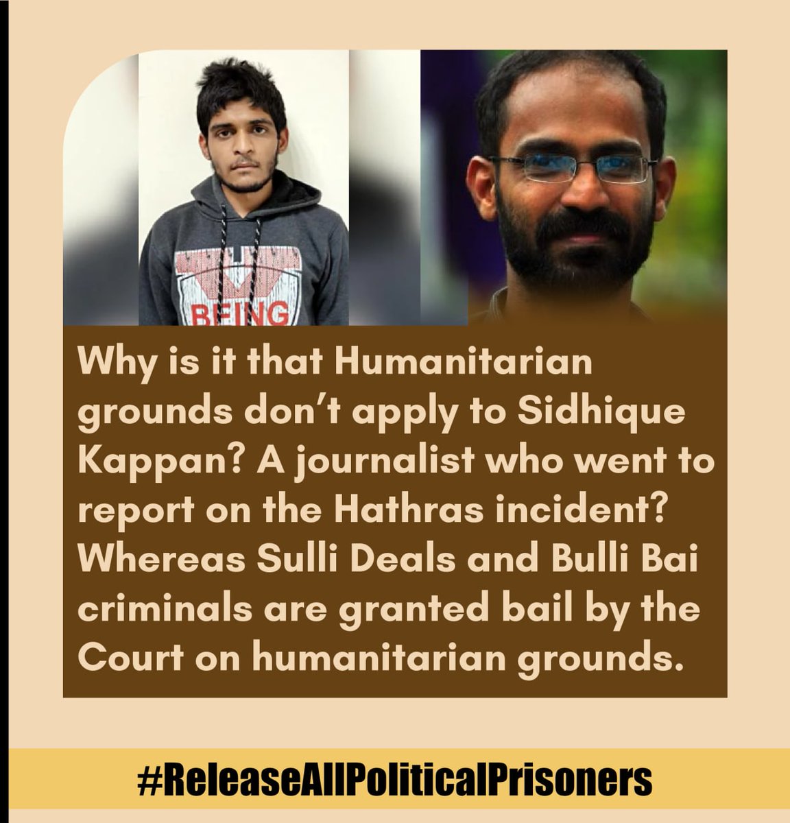 shahanaf6's tweet photo. You auction Muslim women online, you'll be granted bail but if you call for equal rights, uphold the Indian constitution and seek justice for victims of Hindutva, you will be jailed forever. #ReleaseAllPoliticalPrisoners https://t.co/3tx5eAOzJd