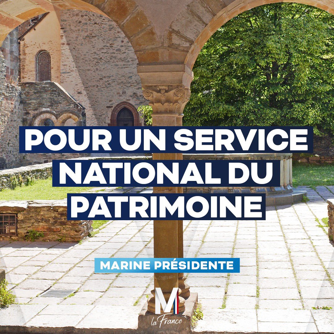 MLP_officiel's tweet photo. Je mettrai en place un service national du patrimoine pour permettre aux jeunes Français de découvrir leur patrimoine et de participer à son entretien. #UnJourUnLivret

👉🏻 https://t.co/778cMUhSka https://t.co/bVgagmBiQ7