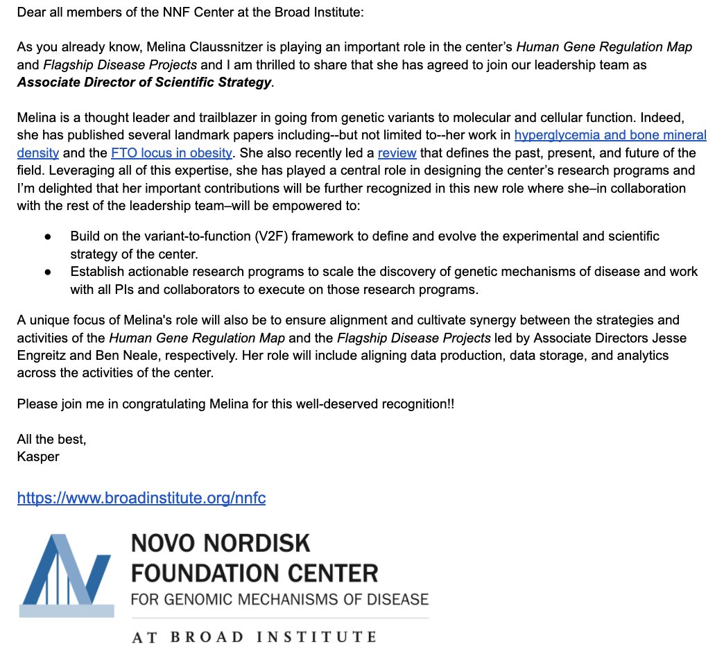 kasper_lage's tweet photo. I'm thrilled to announce that @MelinaClaussnit has joined Todd Golub, myself, @jengreitz &amp; @bmneale in the leadership team of the @novonordiskfond Center @broadinstitute. A clear V2F thought leader, she will assume the role of Associate Director of Scientific Strategy! 👏🎉🥳👏🎉 https://t.co/MRycfHswn3
