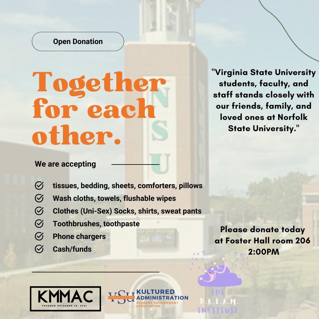 Greetings Trojan Family! Several spartans are in need of the basic necessities listed above due to  recent electrical fires in their campus housing. Please lend a helping hand by donating anything you can to help our NSU family. Let’s come together to help these students out!