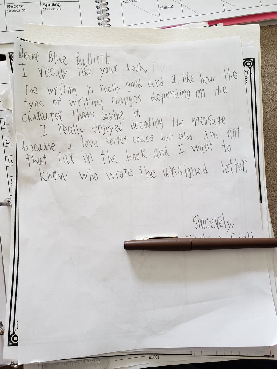 LKFrank5's tweet photo. @BlueBalliett One of my reading groups is reading Chasing Vermeer and a reading response choice was to write a letter to ghe author. Wanted to share this with you! He's totally into it! Thanks for writing such captivating books! #mgreads #books https://t.co/NHyCBUvRb7
