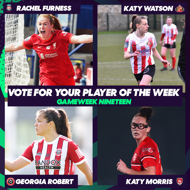 BarclaysWSL2's tweet photo. It's that time of the week again... 

Who is your #FAWC Player of Gameweek 1️⃣9️⃣? 

⭐️ @Furney1988 
⭐️ Katy Watson 
⭐️ @georgiarobert_ 
⭐️ @KatyMorris21 https://t.co/540W4QNU0u