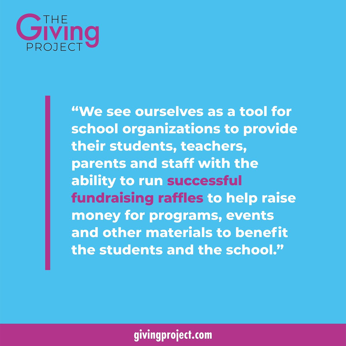 The Giving Project's online fundraising platform is a simple, unique and effective way to raise funds for events, speakers, performers, teacher appreciation gifts, and more! 🎟️🍎📚✏️

Learn more and start your campaign today at givingproject.com/schools/.