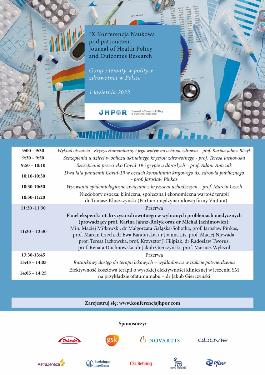 Konferencja już w najbliższy piątek! 
rejestracja: konferencjajhpor.com
<a href="/PinkasJJ/">Jarosław Jan Pinkas</a> <a href="/Marcin__Czech/">Marcin Czech</a> <a href="/towarzystwoPTFe/">Polskie Towarzystwo Farmakoekonomiczne</a> <a href="/gosia_sobotka/">Małgorzata Gałązka -Sobotka</a> <a href="/JoannnaLis/">Joanna Lis</a> <a href="/MacNiewada/">Maciej Niewada</a> <a href="/DoctorRenata/">Renata Duchnowska</a> <a href="/MGierczynski/">Jakub Gierczyński JR</a>