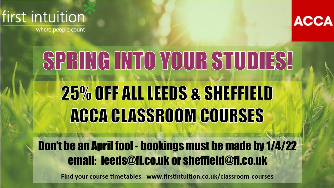 Calling all <a href="/ACCA_UK/">ACCA UK</a>  students......get cracking with your studies!
SPECIAL SPRING DISCOUNT: 25% OFF all ACCA Leeds/Sheffield classroom courses!
Book before 1st April by email:
leeds@fi.co.uk or sheffield@fi.co.uk