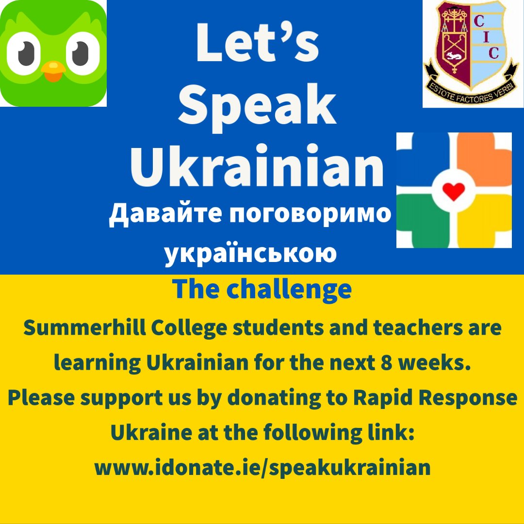 We have had a busy day starting to learn Ukrainian <a href="/cicsummerhill/">Summerhill College</a> today. 80 students and teachers signed up to learn the language online and donations coming in. Please donate at: idonate.ie/speakukrainian 
#LetsSpeakUkrainian <a href="/rapidresponseUA/">Rapid Response Ukraine</a>