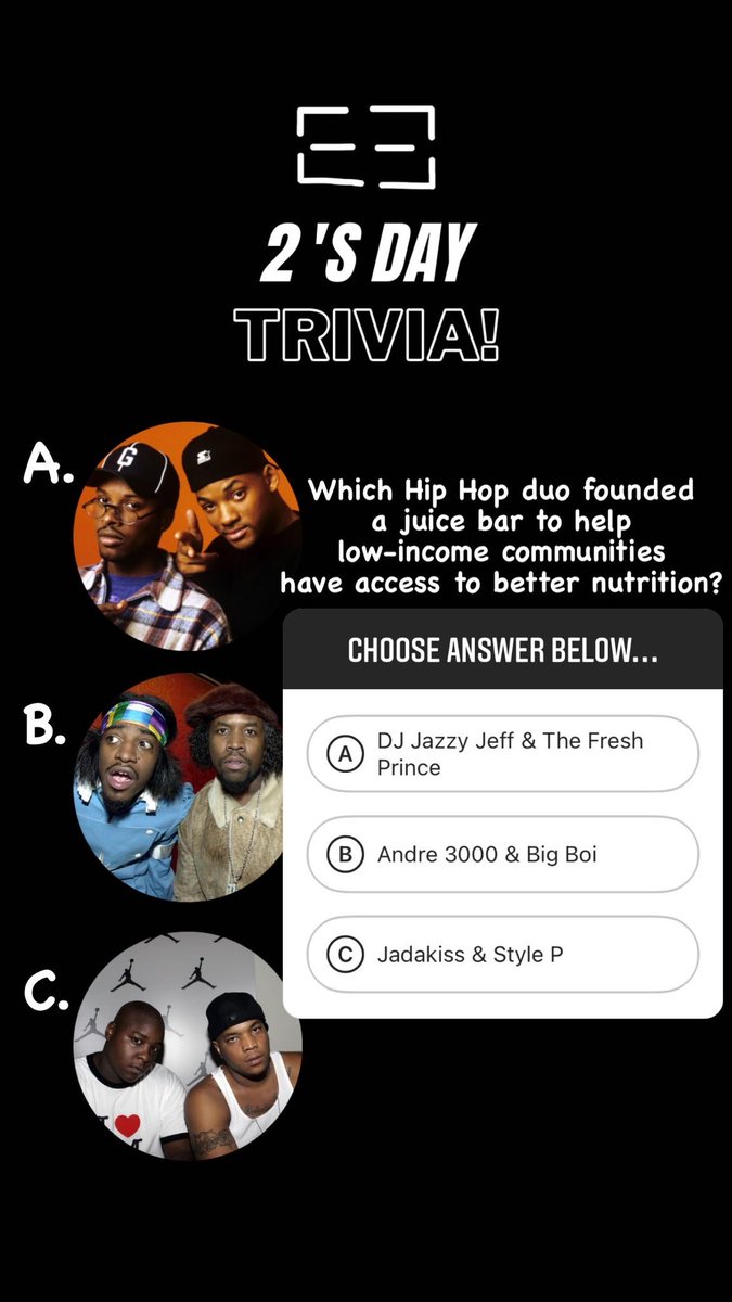 up2usfoundation's tweet photo. Time for 2’s Day Trivia! Question: Which Hip Hop duo founded a juice bar  to help low-income communities have access to better nutrition? A) DJ Jazzy Jeff &amp; The Fresh Prince. B) Andre 3000 &amp; Big Boi. C) Jadakiss &amp; Styles P.

Repost with your answers! Check back @ 1pm https://t.co/e44cb67u75