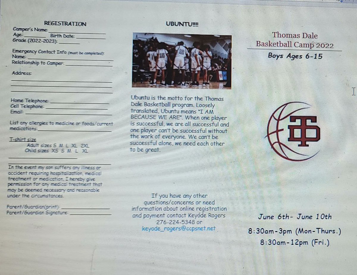 ThomasDaleBball's tweet photo. TD Youth Basketball Camp
June 6 - June 10
Mon-Thurs: 8:30-3:00
Friday: 8:30-12:00

Boys ages 6-15

Early Bird Registration: $100 (before June 1st)
Late Registration: $120 (after June 1st)
 Online registration is open:

https://t.co/eUI66Um5n9

Contact Coach Rogers for details. https://t.co/67D9JQTQM1