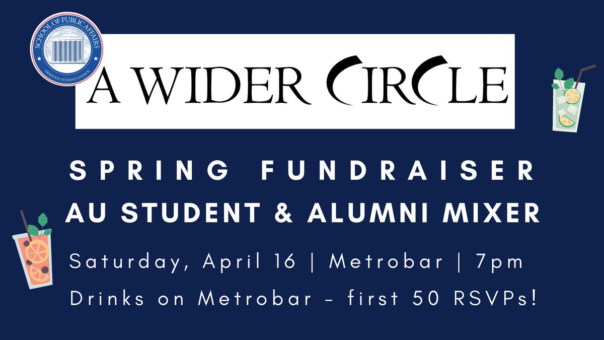 Thrilled to host a spring fundraiser, student &amp; alumni mixer with <a href="/awidercircle/">A Wider Circle</a>! *If you're an <a href="/AmericanU/">American University</a> alumni or student, reach out for the RSVP link.*

Can't make it?
Donate: bit.ly/AWC-Donate
Order off of our Wishlist: amzn.to/3uAISoL

<a href="/AUGSC_SPA/">AU SPA Graduate Student Council</a> #AWCMixer