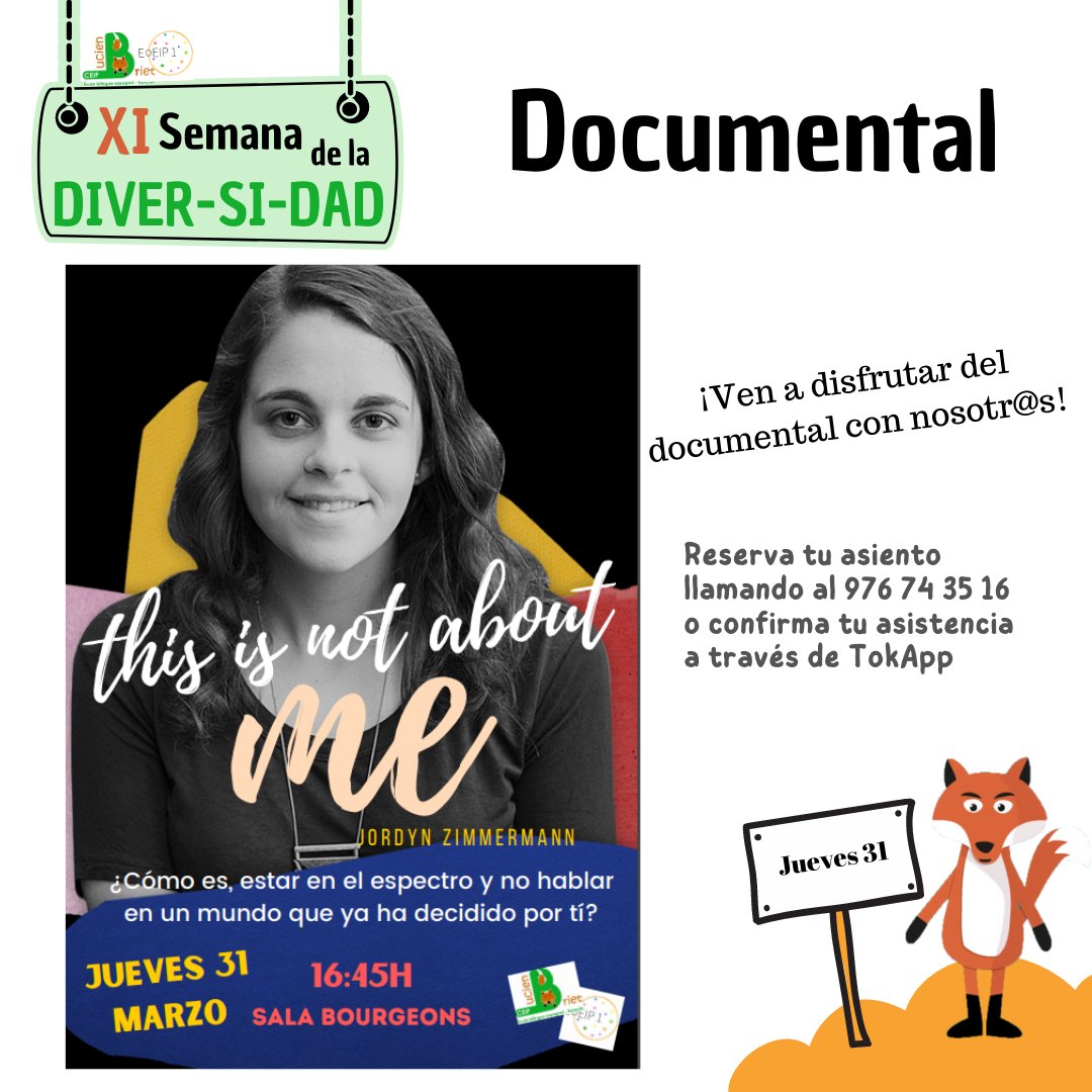 ceiplucienbriet's tweet photo. Este jueves, dentro de nuestra XI Semana de la Diversidad. Realizaremos el visionado del documental y posterior coloquio. ¡¡No te lo puedes perder!!
@AutismoAragon @Autismo_Espana #autismo @AulaDesigual @coralelizondo #inclusion @PlenaAragon @Plenainclusion https://t.co/k2R3Goe8XS
