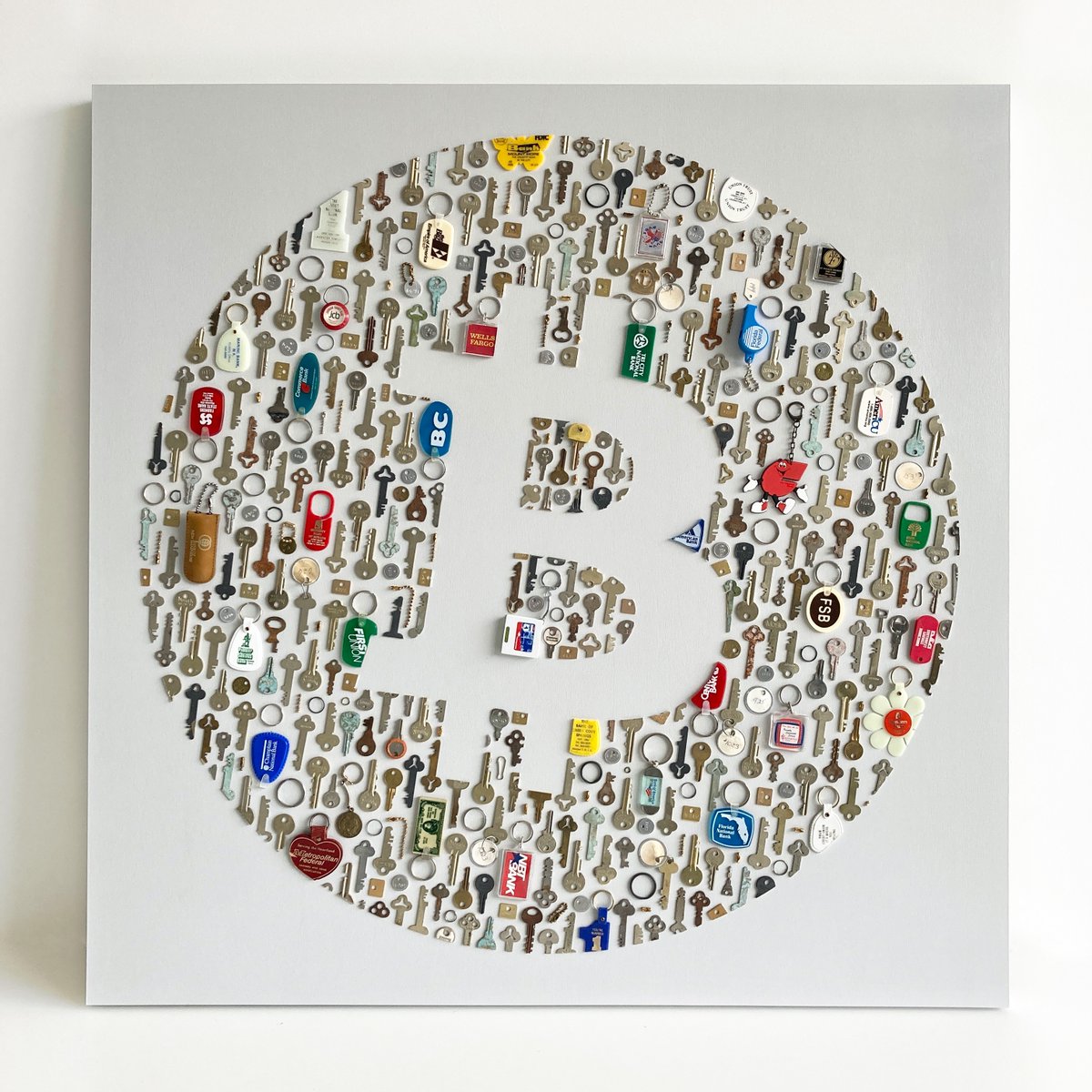 New art! 🔑🗝️🔐

Proof of Keys is composed of 304 used bank deposit box keys and dozens of bank key fobs/rings

The keys were sourced from bank foreclosures and the fobs were found online and at swap meets...