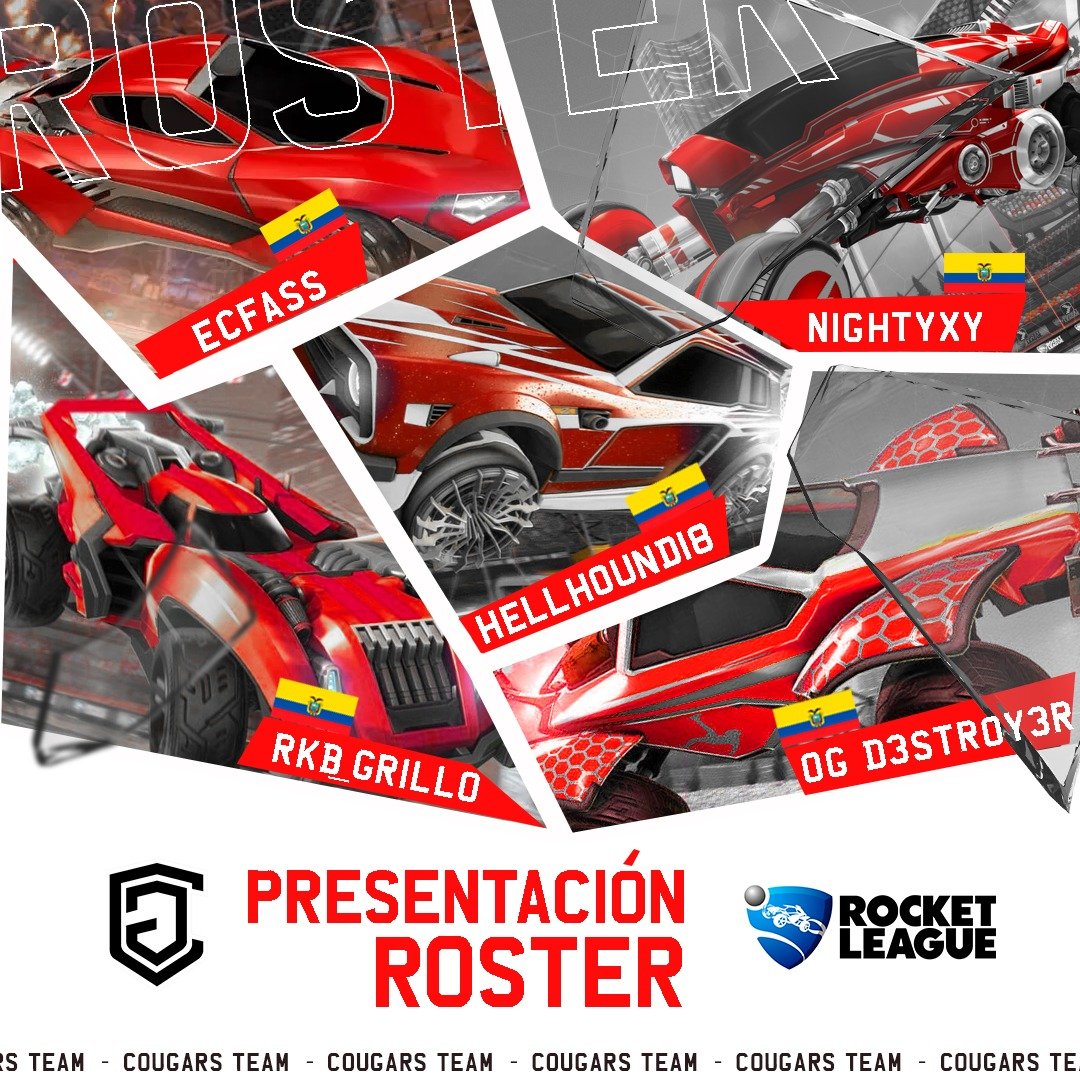 #PRESENTACION.

Estamos muy contentos de contar con la presencia del roster de #ROCKETLEAGUE quienes estarán dejando en lo más alto a <a href="/CougarsTeamEC/">𝗖𝗢𝗨𝗚𝗔𝗥𝗦 𝗧𝗘𝗔𝗠 𓃭</a> 🐯

¡Bienvenidos a la familia!❤️

🏎️#NightyXY
🏎️#D3STR0Y3R 
🏎️#hellhound
🏎️#RKB_Grillo
🏎️<a href="/ecFass/">Fass</a>

#PumasXlife 💪