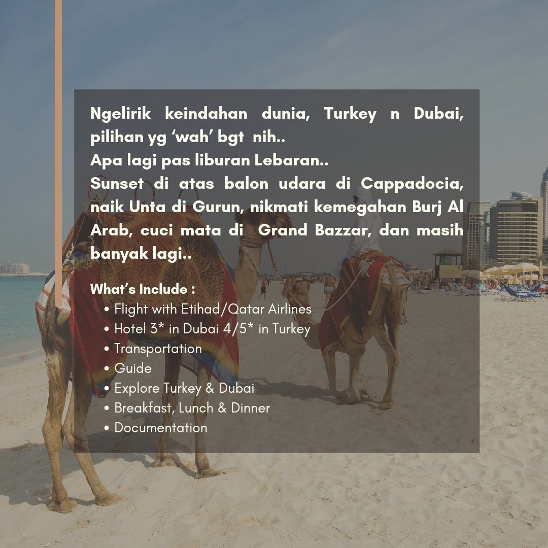 Segoro_Tour's tweet photo. Ngelirik keindahan dunia, Turkey n Dubai destinasi yg ‘wah’.
Sunset romantis diatas Hot Air Balloon di Cappadocia, naik Unta di Gurun ala-ala Incess, kemegahan Burj Al Arab, cucimata di Grand Bazzar, dmbl.

Yuk @segorotourtravel check!!
0811 9770 958
#tripdubai #tripturkey https://t.co/zsdrRjXLgN
