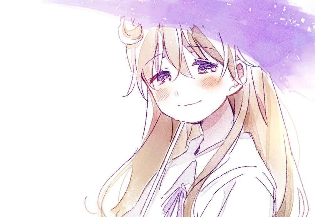 1girl solo long hair smile blush white background crescent  illustration images
