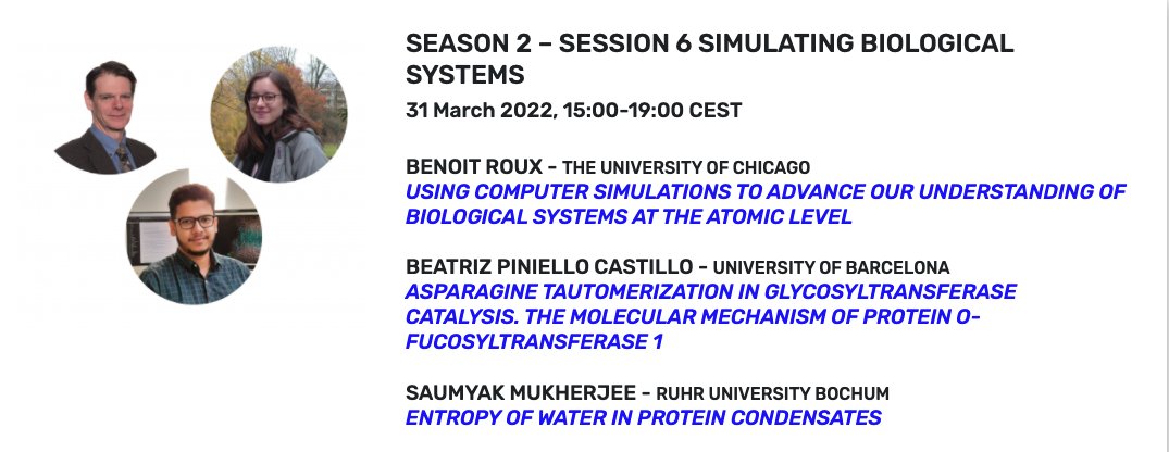 cecamEvents's tweet photo. Beatriz Piniello Castillo (@IQTCUB) &amp; @SaumyakMukherj2 (Ruhr University Bochum) have been selected to present their work on #SimulatingBiologicalSystems at the 6th chapter of the #MixedGenS2 series !
They will follow Benoit Roux's talk this Thursday.
https://t.co/SMsIcpE1qB https://t.co/kBm8Tt6T5s