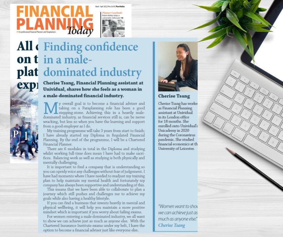 UnividualLtd's tweet image. One of our Unividual's, Cherise Tsang, is featured in @FPT_Mag "Finding confidence in a male-dominated industry" sharing views on training and learning in financial services. #womeninfinance #proudlyunstoppable #proudfamily #financialplanningschool