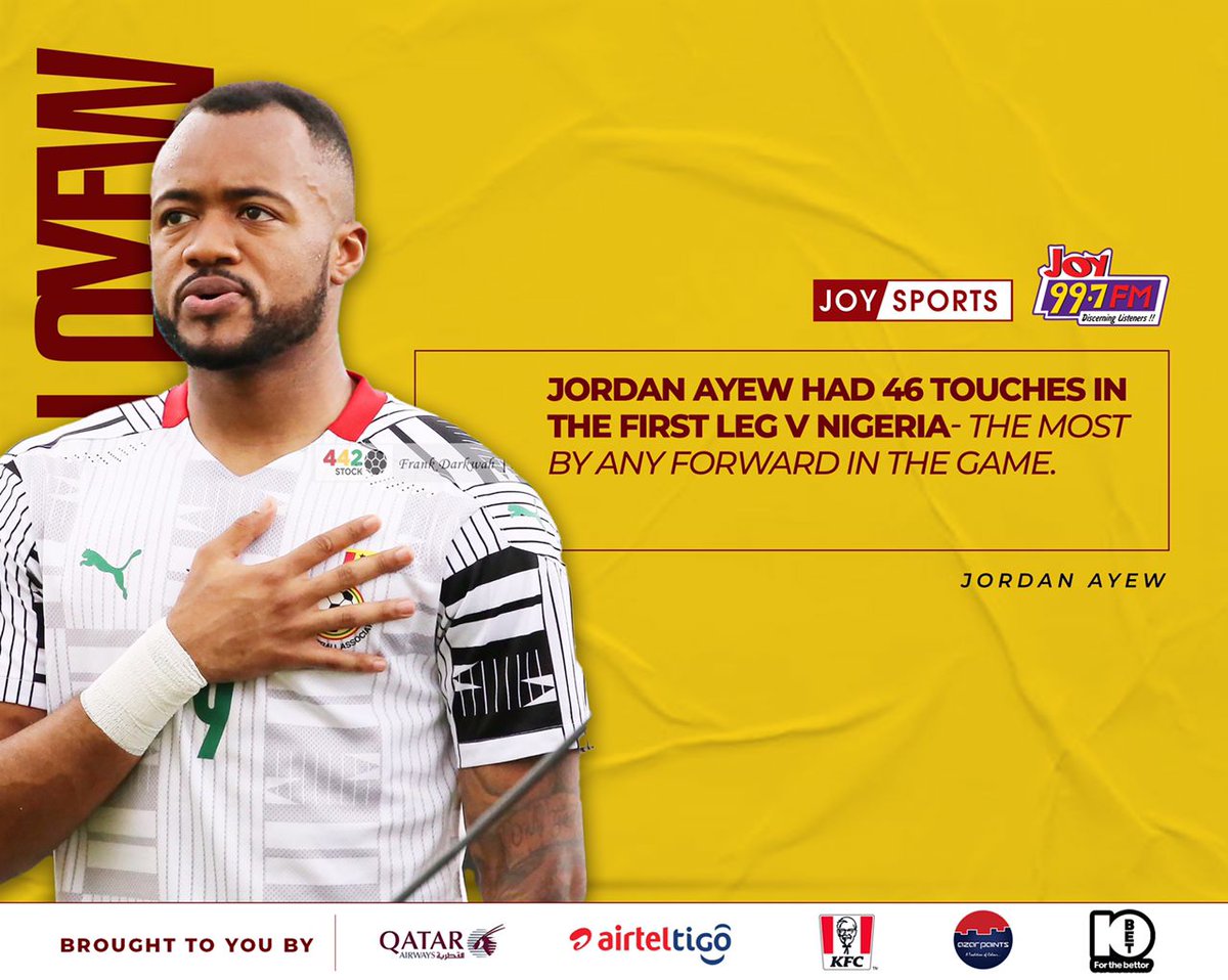 Joy997FM's tweet photo. Jordan Ayew had the most touches by any forward in the first leg vs Nigeria. https://t.co/KQU1KnJOHq