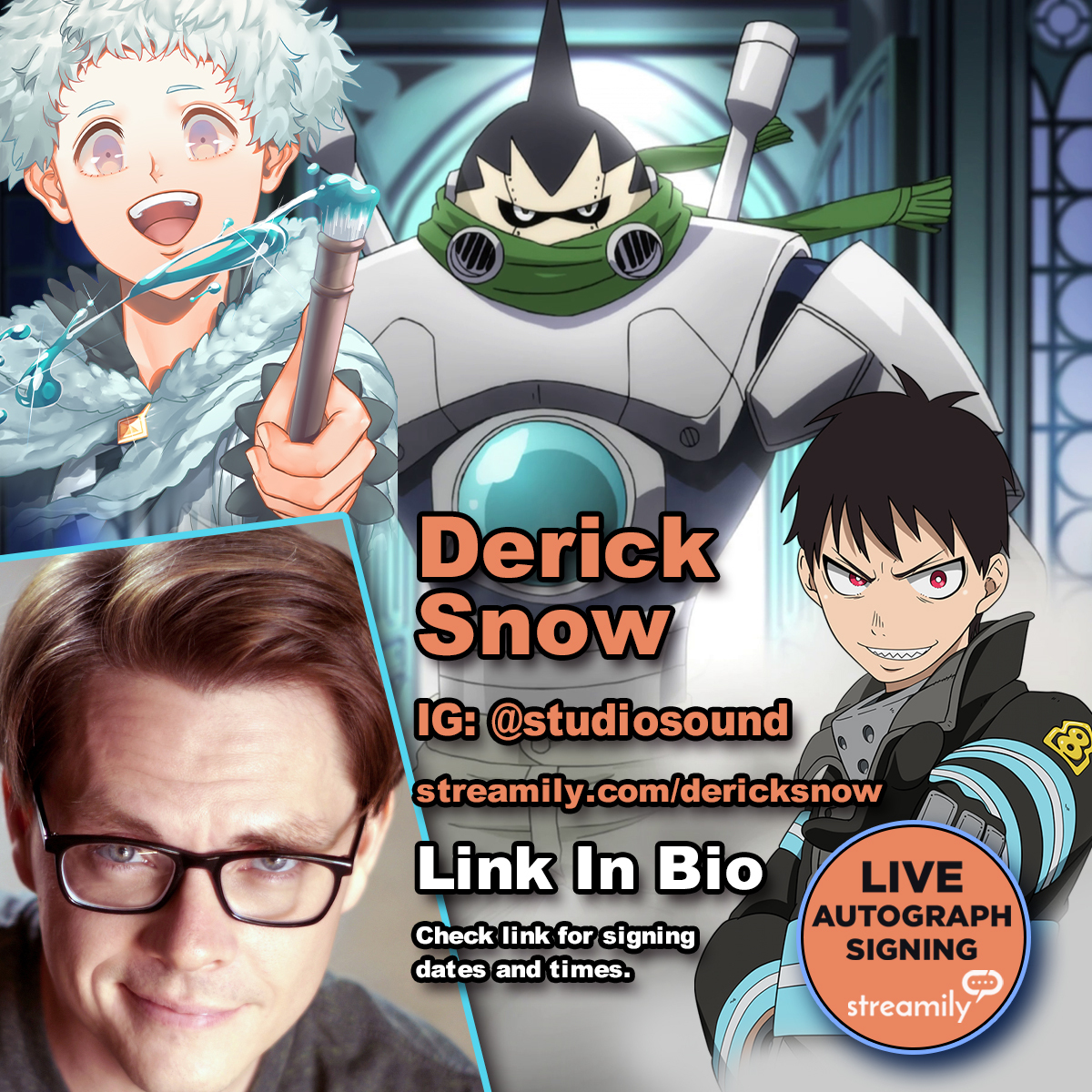 DMJConsult23's tweet photo. I'm delighted to announce that @theDerickSnow is doing another @StreamilyLive signing on 22nd May 2022.
Autographs can be purchased here:
https://t.co/ikxGjcWzXE
#DerickSnow
#FireForce #BlackClover #MyHeroAcademia #FairyTail #DragonBallSuper #OnePiece #VoiceActor #Signing https://t.co/AsqHjqRu8k