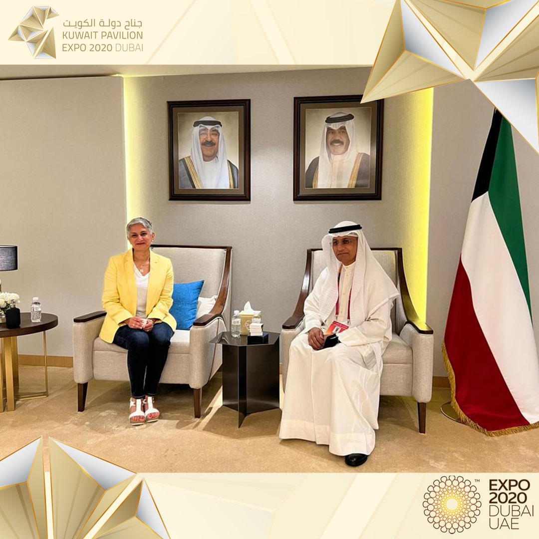 KuwaitExpo2020's tweet photo. The Ambassador of #Canada to #Kuwait, Ms. Aliya Mawani, visited the #KuwaitPavilion at #Expo2020Dubai. She was received by our Deputy Director, Mr. Mazen Al-Ansari, who briefed her on Kuwait’s solutions &amp; initiatives in #sustainability, a translation of Kuwait's #Vision2035. https://t.co/Ul099KYldg