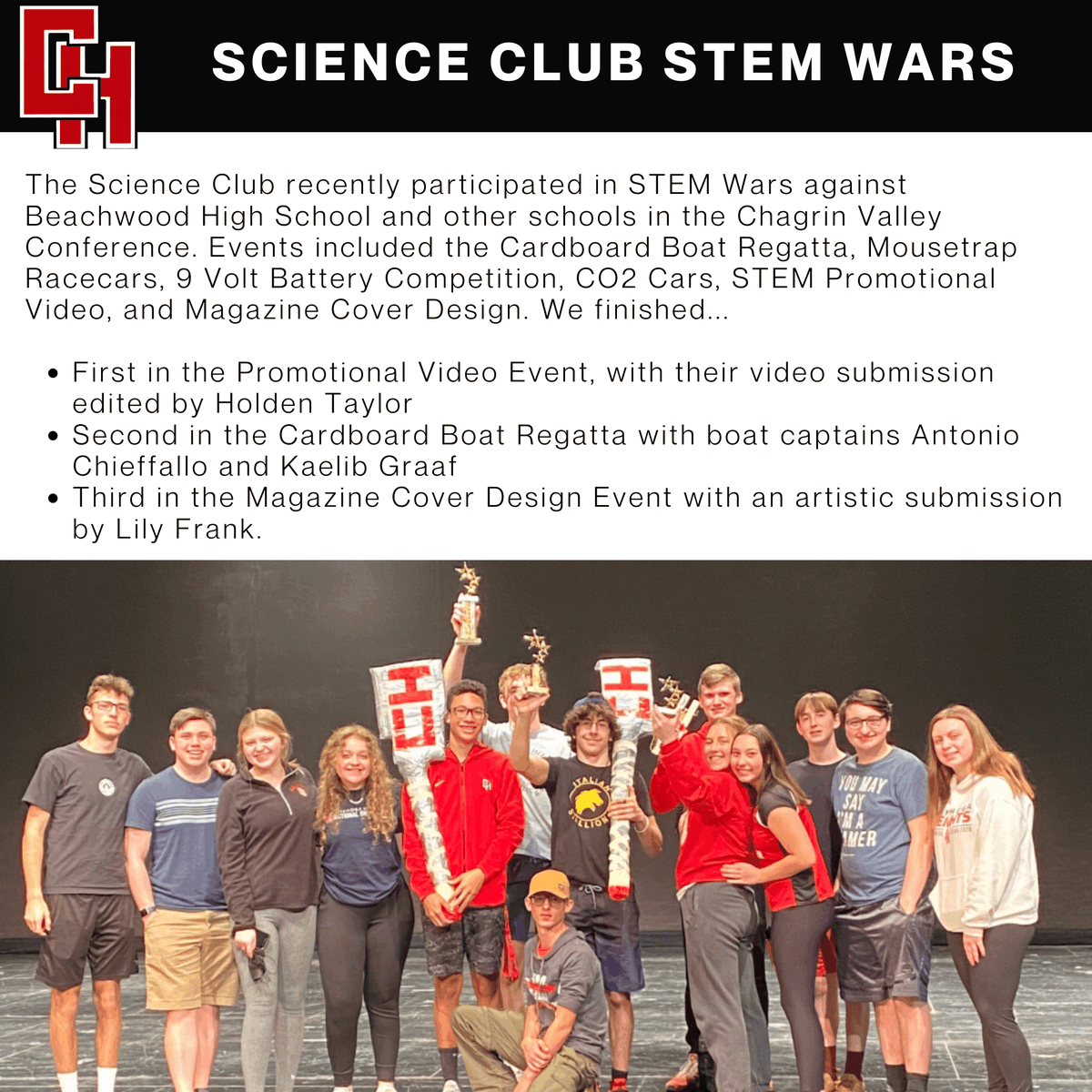 CUYHTS's tweet photo. The Science Club recently participated in STEM Wars against Beachwood High School and other schools in the Chagrin Valley Conference. Congrats on their 1st, 2nd, and 3rd place wins! 
#GoHeights https://t.co/sMKOgPb6n3