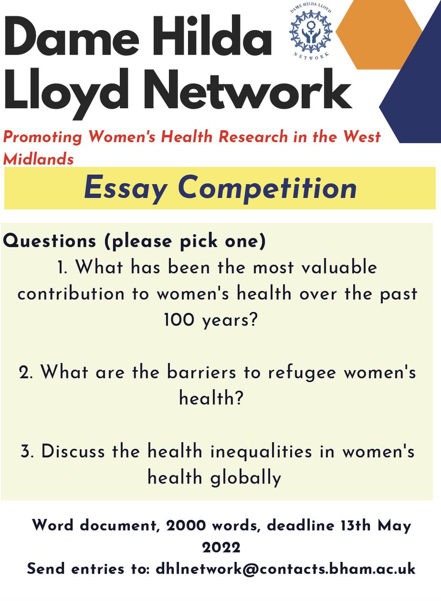 📝 Essay competition for sixth form students interested in Women’s Health Research 📝

➡️ Pick 1Q, up to 2000 words!

⏰ Deadline 13 May 2022

📧 Feel free to email/DM with any questions!