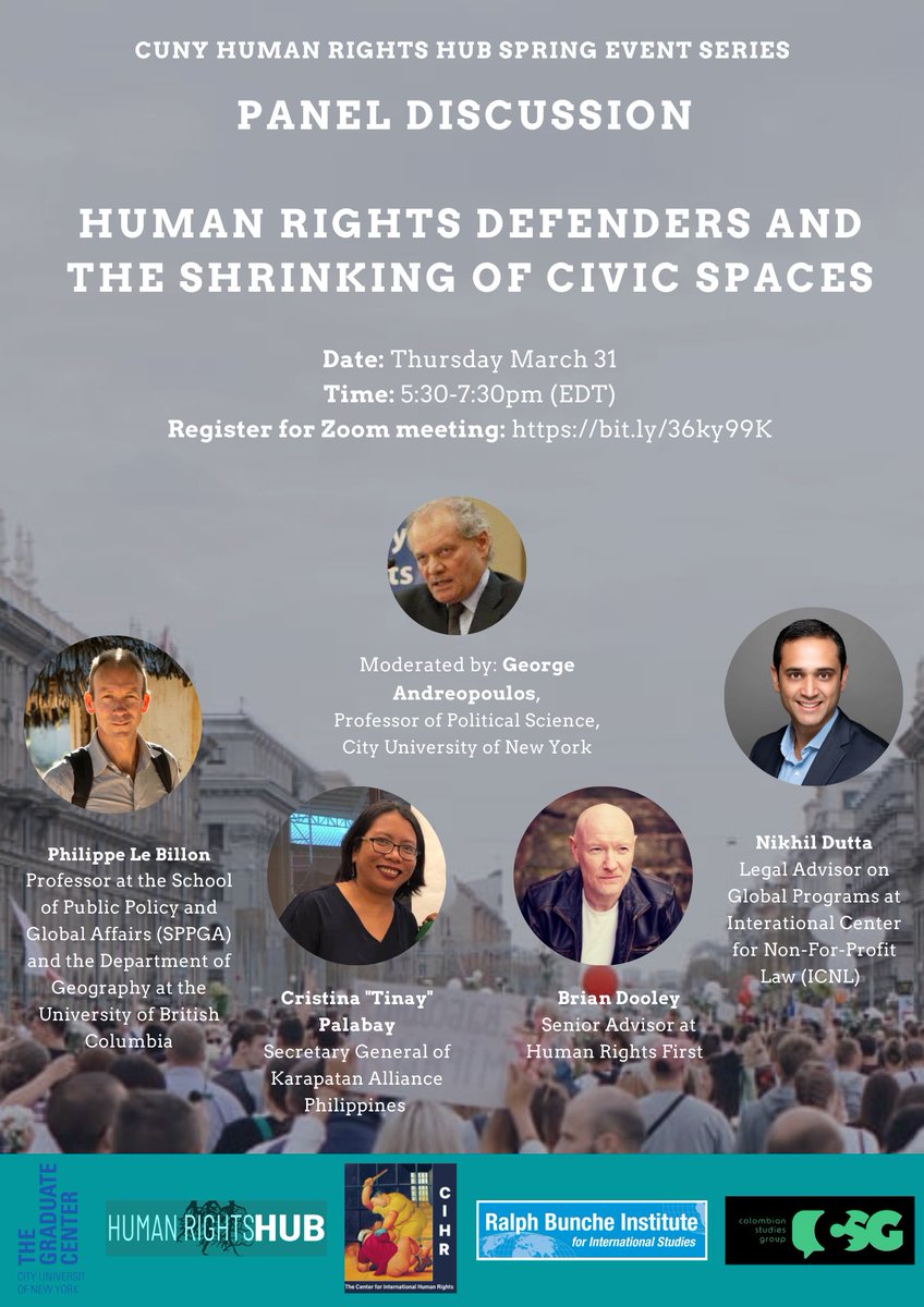 Why are #HumanRightsDefenders in danger across the world, and in Latin America?

Nikhil Dutta <a href="/ICNLAlliance/">ICNL Alliance</a>, Philippe Le Billon <a href="/UBC/">University of British Columbia</a>, Tinay Palabay <a href="/karapatan/">Karapatan</a>, Brian Dooley <a href="/humanrights1st/">Human Rights First</a> and <a href="/GeorgeSpartacos/">George Andreopoulos</a> will discuss, Thurs, 3/31, 17:30 EDT. 

RSVP: bit.ly/36ky99K