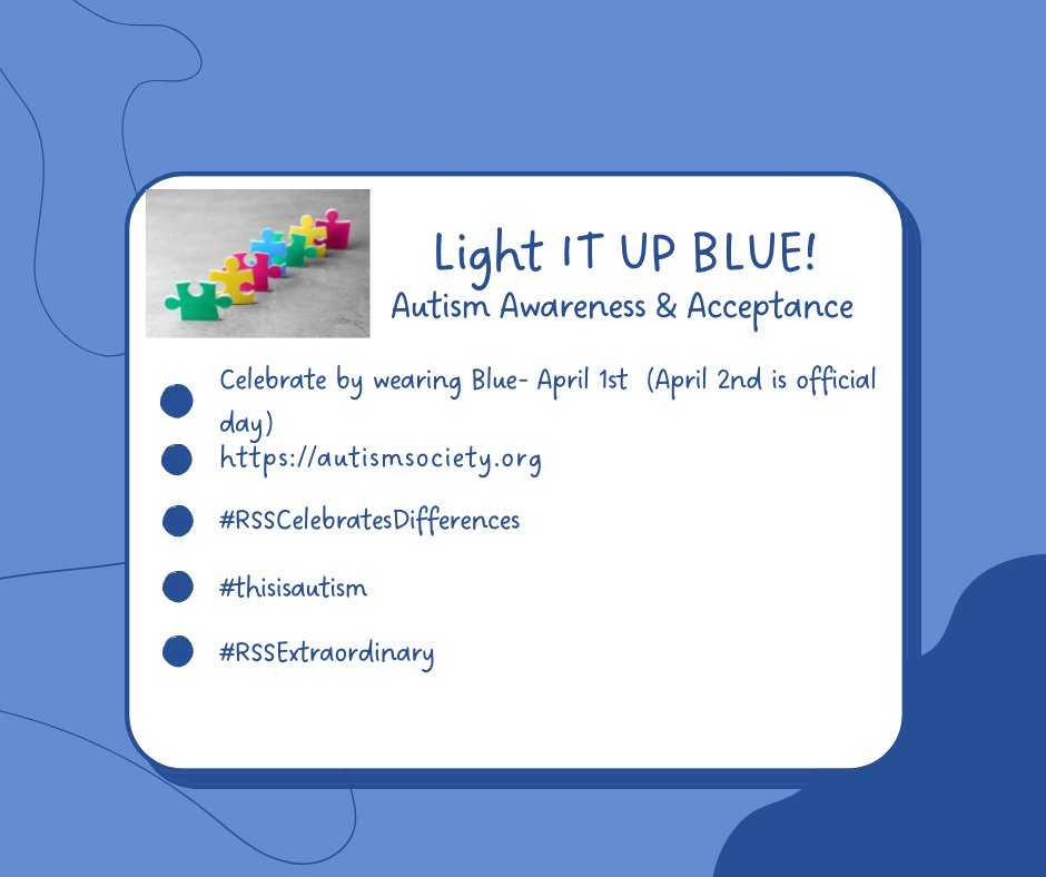 RSS_EC's tweet photo. Rowan Salisbury Schools let's celebrate Autism Awareness &amp; Acceptance by "Lighting it up Blue" on Friday, April 1st! Wear your Blue and ask your office about the "Light it Up Blue" Sticker.  #rsscelebratesdifference #thisisautism #RSSExtraordinary https://t.co/CS2JLS1Exn