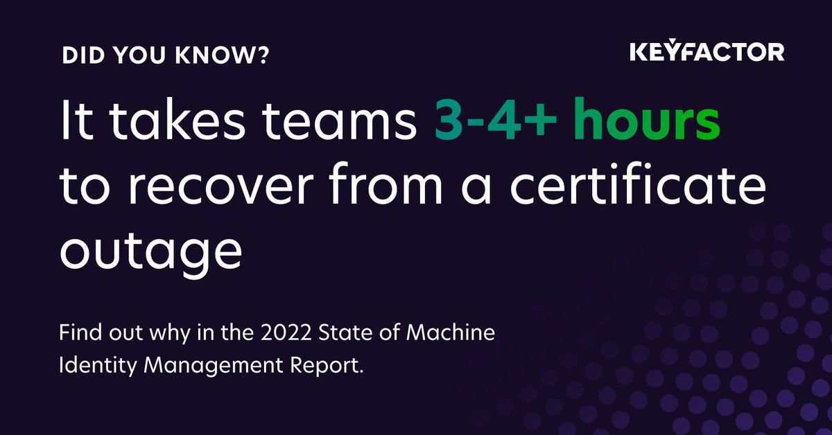 Keyfactor's tweet photo. The 2022 State of Machine Identity Report reveals an average 3.3 hour downtime due to expired certificates.
Download the report to find out more:
https://t.co/nzoG2lN0ub
#PKI #IAMstrategy #MachineIdentities #CodeSigning https://t.co/CTLhIByL3K