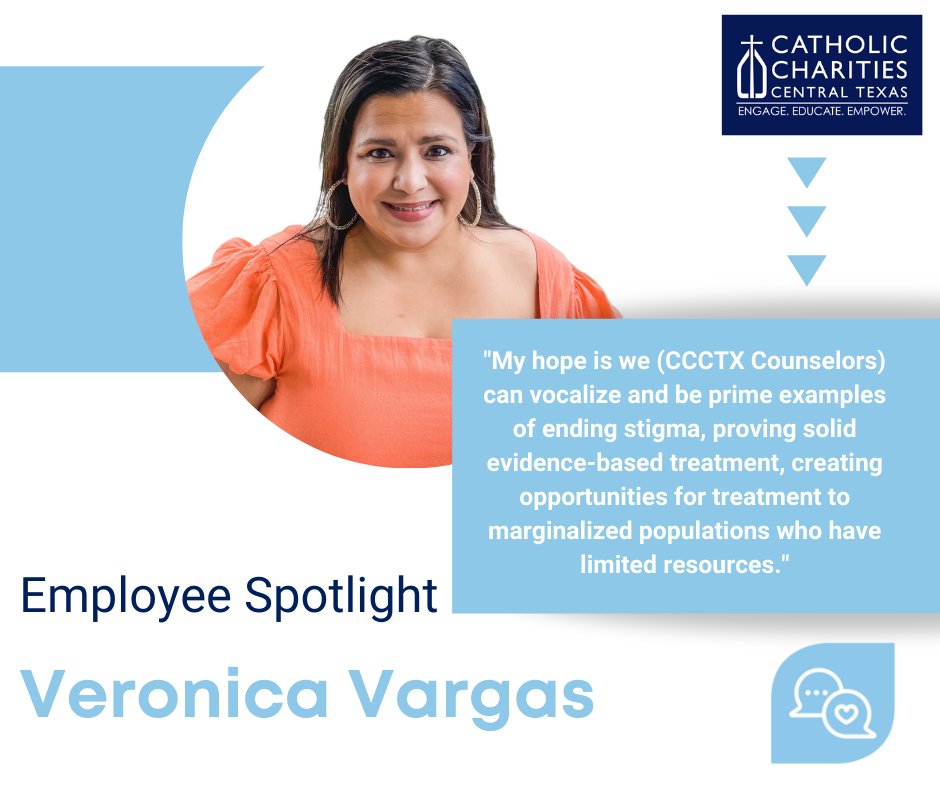 CCcentraltexas's tweet photo. Meet our NEW Director of Counseling Services, Veronica!
Welcome to the #CCCTX team! #employeespotlight #counseling #teammembers #counselingprogram #mentalhealthawareness #stigma https://t.co/ELZQW46ecD