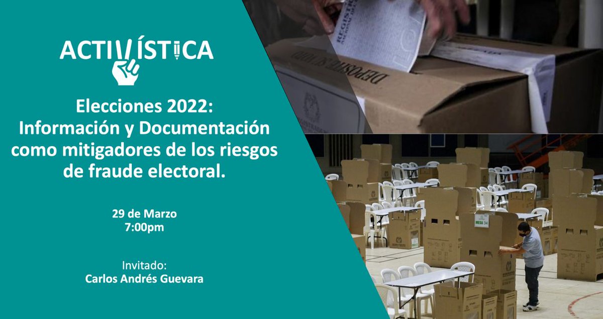 activistica's tweet photo. Hoy 7:00pm #FacebookLive #ConversatoriosActivísticos  hablaremos del rol de la información y la documentación  como elementos mitigadores de riesgos de fraude electoral. 
Un tema totalmente necesario en los tiempos en los que se encuentra nuestro país 🇨🇴

https://t.co/lx1tpjYXkJ https://t.co/4Qd7M9qfOL