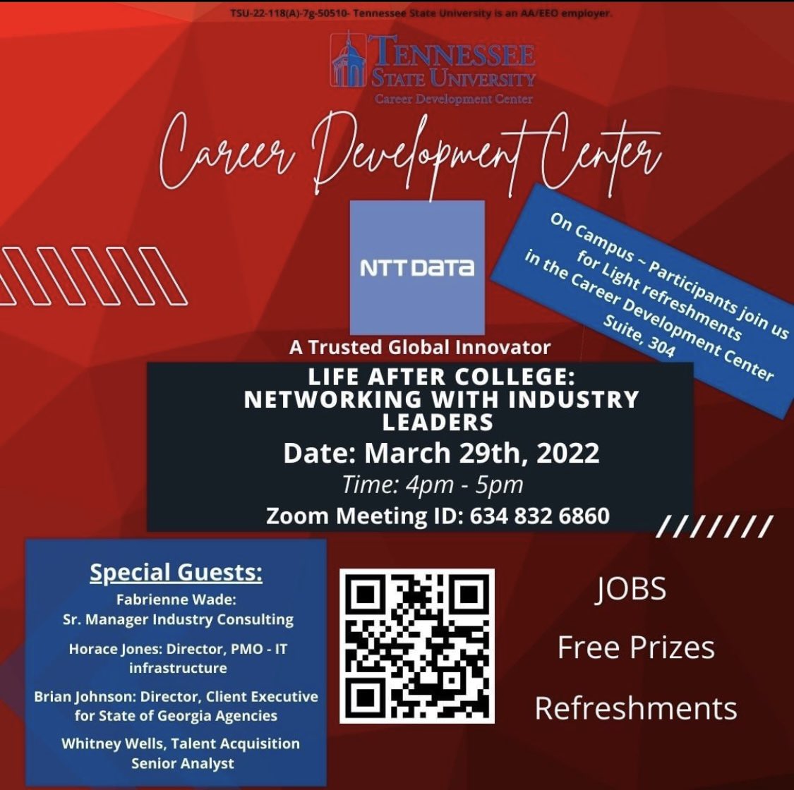TSU_AARC's tweet image. Stop by the CDC Hybrid Networking event! Free food, prizes, and networking! Today at 4pm in the CDC Suite.
#Repost from @tsucdc

#tsuasc #tsu #tnstate #tennesseestateuniversity #hbcu #networking #career